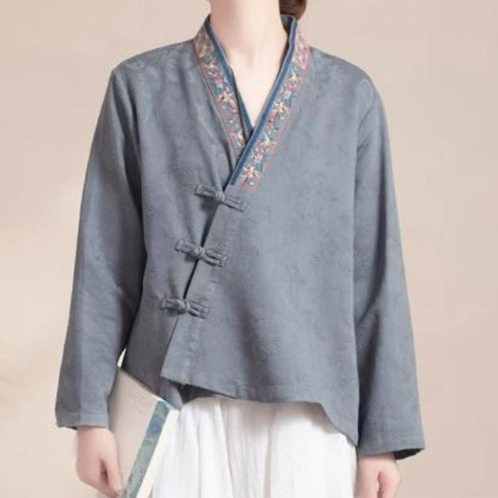 Buddha Stones Embroidered Flowers Grass Frog-Button Long Sleeve Cotton Women's Shirt - Gray - US12,UK/AU16,EU44 (3XL) - image 20