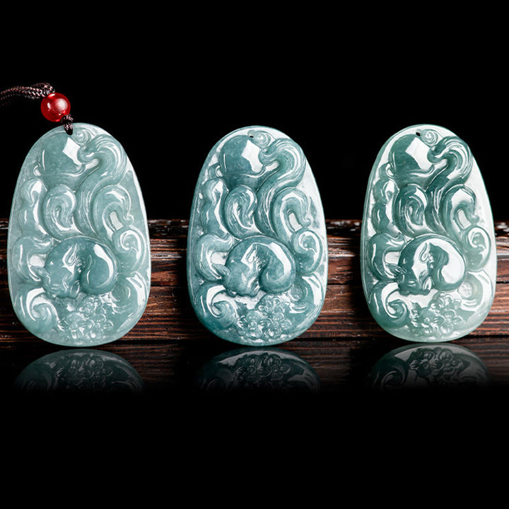 Buddha Stones Natural Green Jade Nine Tailed Fox Flowers Luck Necklace Pendant - image 4