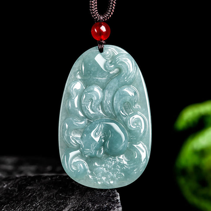 Buddha Stones Natural Green Jade Nine Tailed Fox Flowers Luck Necklace Pendant - Jade(Prosperity♥Abundance) - image 0