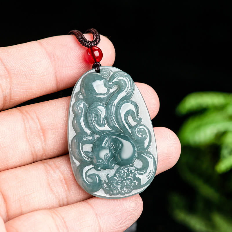 Buddha Stones Natural Green Jade Nine Tailed Fox Flowers Luck Necklace Pendant - image 8