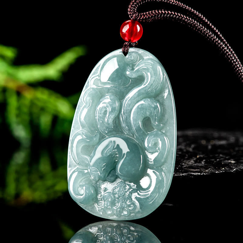 Buddha Stones Natural Green Jade Nine Tailed Fox Flowers Luck Necklace Pendant - image 1
