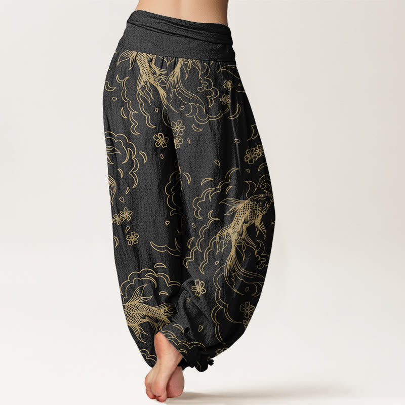 Buddha Stones Casual Koi Fish Waves And Petal Line Pattern Women's Elastic Waist Harem Pants - image 2