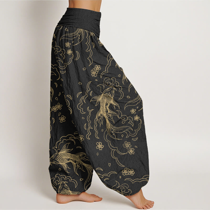Buddha Stones Casual Koi Fish Waves And Petal Line Pattern Women's Elastic Waist Harem Pants - image 1