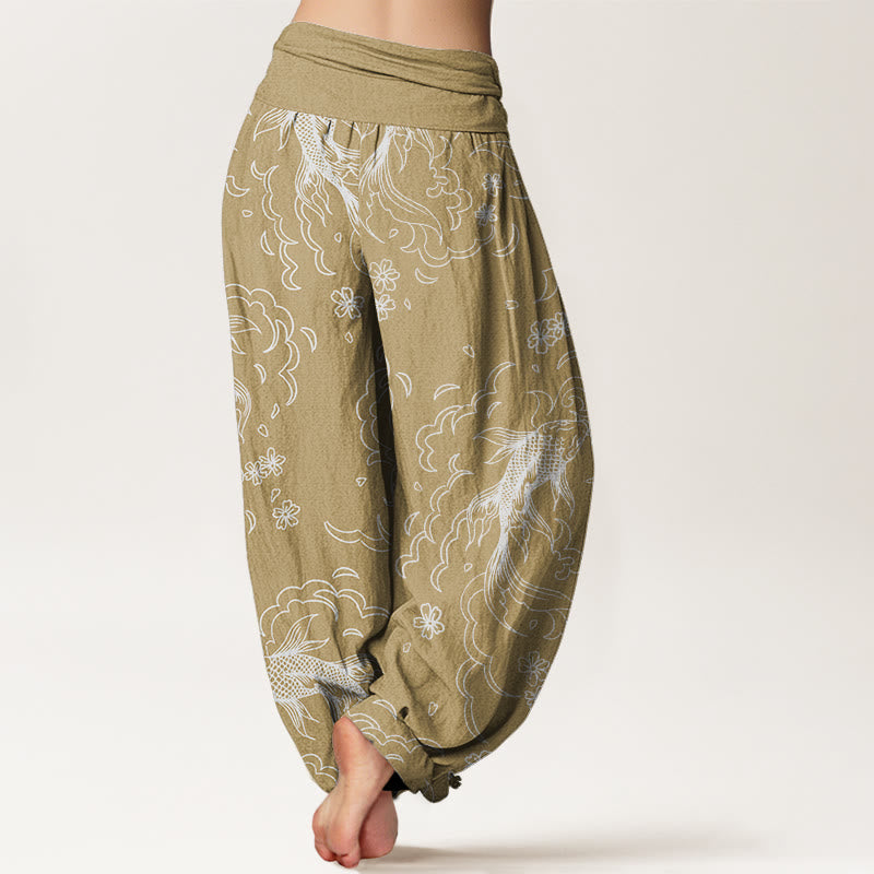 Buddha Stones Casual Koi Fish Waves And Petal Line Pattern Women's Elastic Waist Harem Pants - image 6