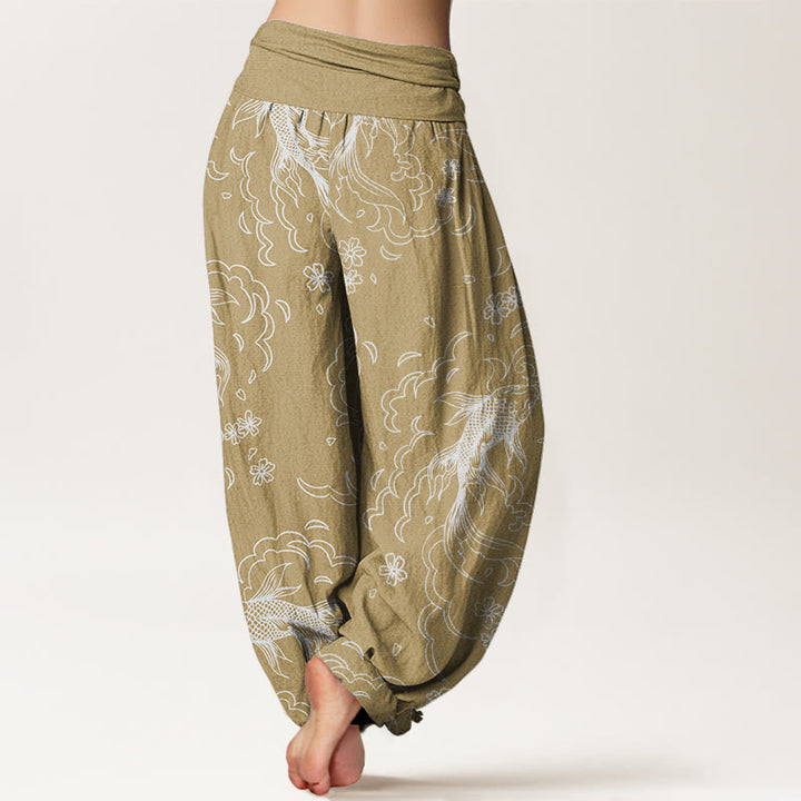 Buddha Stones Casual Koi Fish Waves And Petal Line Pattern Women's Elastic Waist Harem Pants - image 6