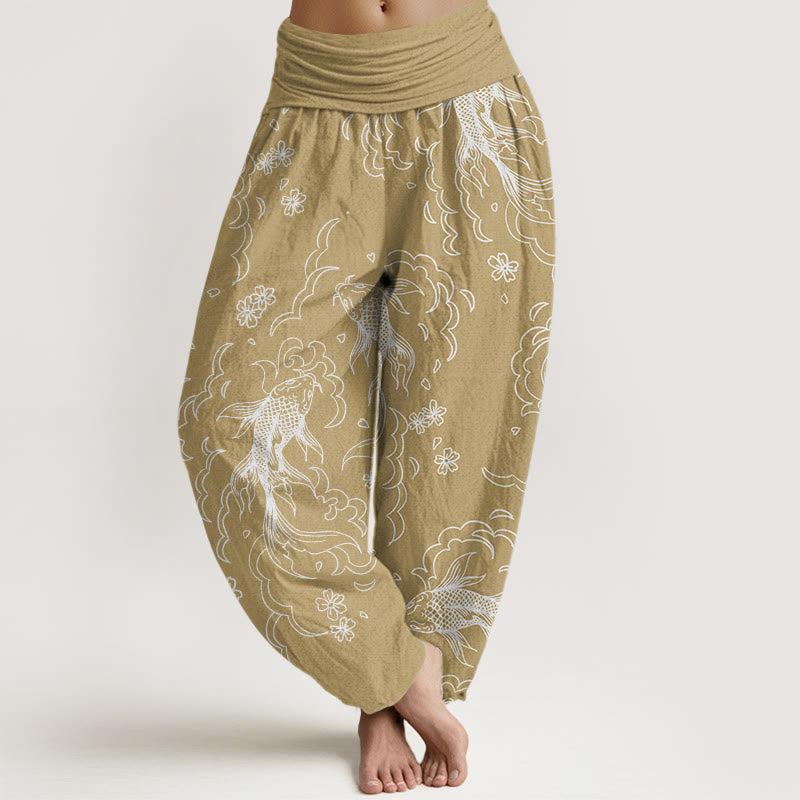 Buddha Stones Casual Koi Fish Waves And Petal Line Pattern Women's Elastic Waist Harem Pants - PaleGoldenrod - US22,UK/AU26,EU54 (6XL) - image 4