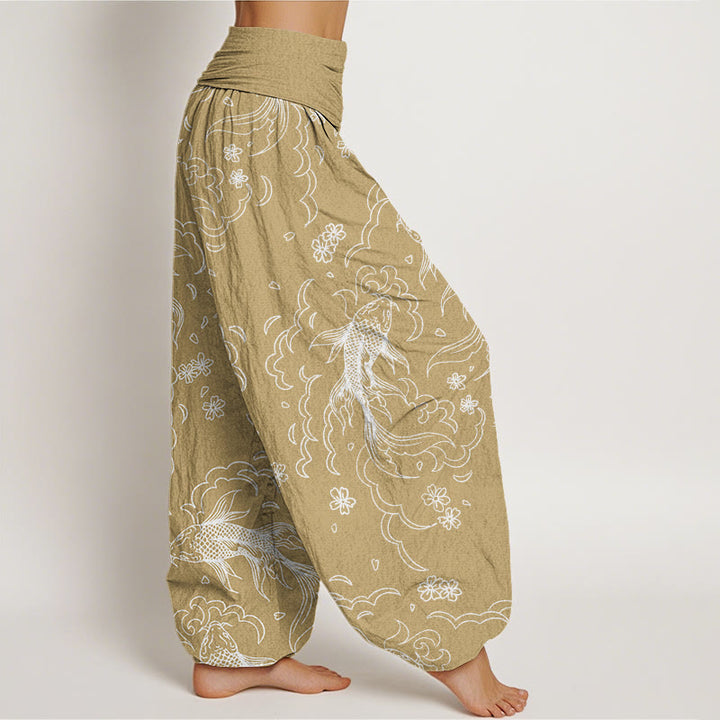 Buddha Stones Casual Koi Fish Waves And Petal Line Pattern Women's Elastic Waist Harem Pants - image 5
