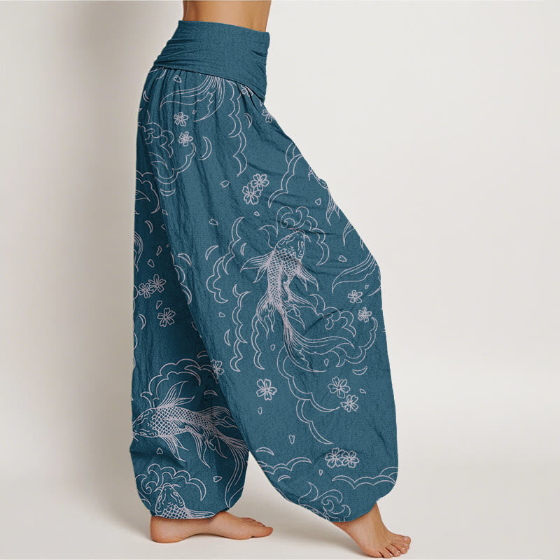 Buddha Stones Casual Koi Fish Waves And Petal Line Pattern Women's Elastic Waist Harem Pants - image 8