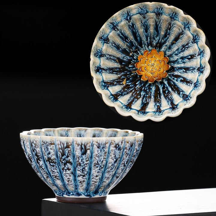 Buddha Stones Handmade Small Chinese Jianzhan Lotus Ceramic Teacup Kung Fu Tea Cup 80ml - Gold Lotus 8.6cm*5cm*80ml - image 2