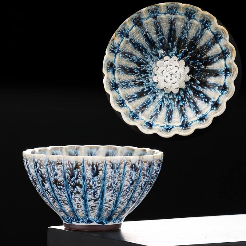 Buddha Stones Handmade Small Chinese Jianzhan Lotus Ceramic Teacup Kung Fu Tea Cup 80ml - Silver Lotus 8.6cm*5cm*80ml - image 8