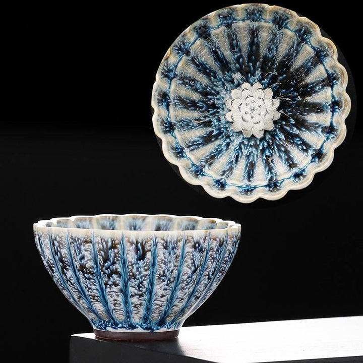Buddha Stones Handmade Small Chinese Jianzhan Lotus Ceramic Teacup Kung Fu Tea Cup 80ml - Silver Lotus 8.6cm*5cm*80ml - image 8