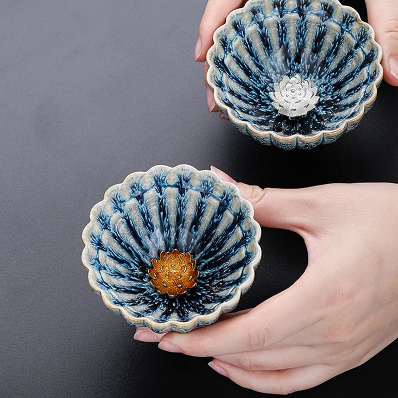 Buddha Stones Handmade Small Chinese Jianzhan Lotus Ceramic Teacup Kung Fu Tea Cup 80ml - image 10