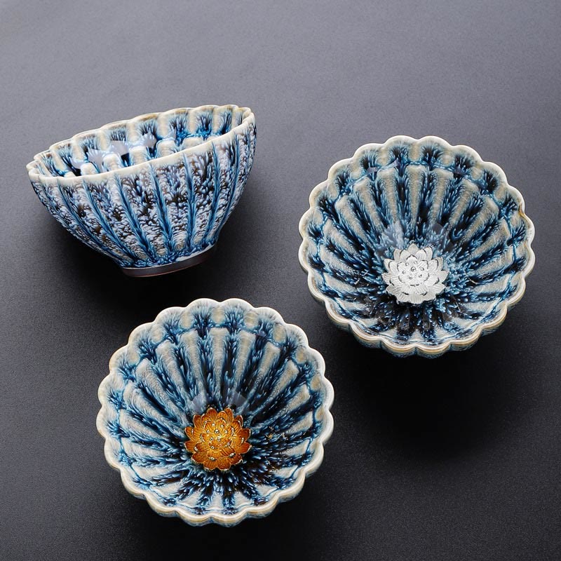 Buddha Stones Handmade Small Chinese Jianzhan Lotus Ceramic Teacup Kung Fu Tea Cup 80ml - image 0