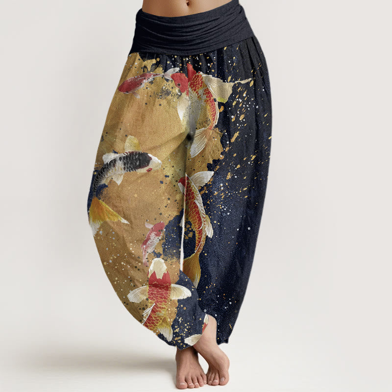 Buddha Stones Casual Koi Fish Gold Ink Background Pattern Women's Elastic Waist Harem Pants - MidnightBlue - US22,UK/AU26,EU54 (6XL) - image 4