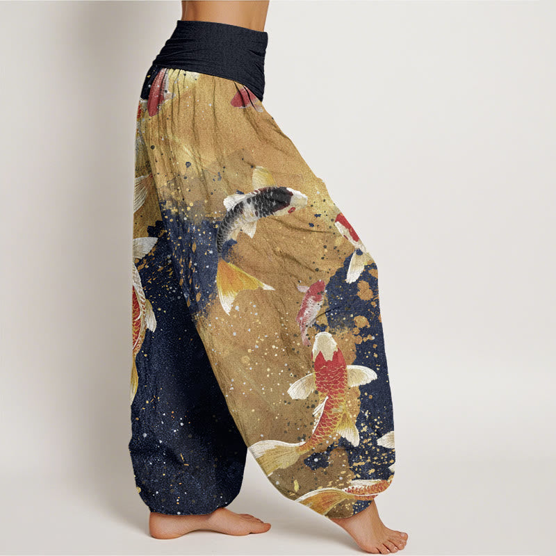Buddha Stones Casual Koi Fish Gold Ink Background Pattern Women's Elastic Waist Harem Pants - image 5