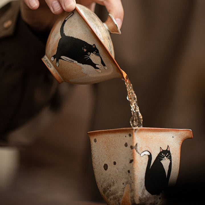 Buddha Stones Cute Cat Ceramic Gaiwan Teacup Kung Fu Tea Cup With Lid 130ml - image 8