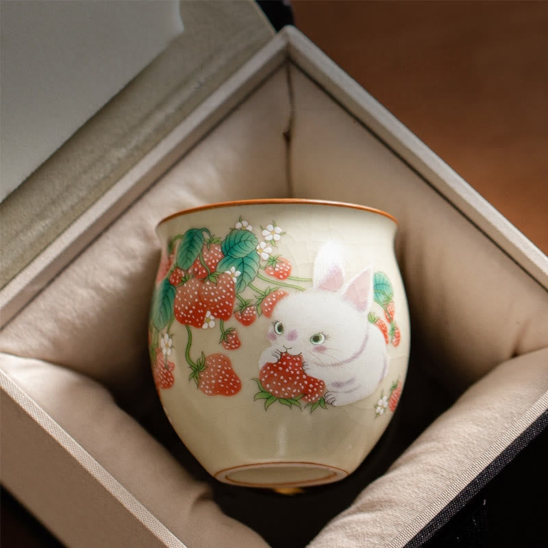 Buddha Stones Small Strawberry Rabbit Teacup Kung Fu Tea Cup 90ml With Gift Box - image 7