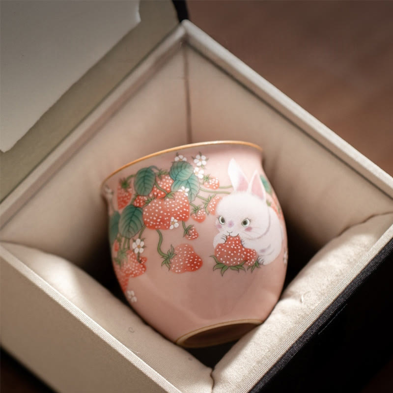 Buddha Stones Small Strawberry Rabbit Teacup Kung Fu Tea Cup 90ml With Gift Box - Pink Rabbit Gift Box 5.9*5.7cm*90ml - image 15