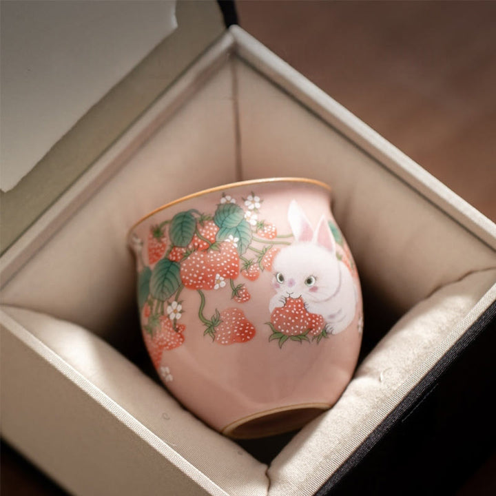 Buddha Stones Small Strawberry Rabbit Teacup Kung Fu Tea Cup 90ml With Gift Box - Pink Rabbit Gift Box 5.9*5.7cm*90ml - image 15