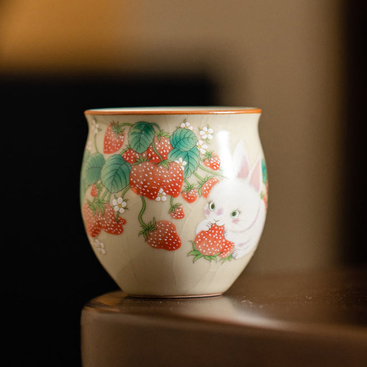 Buddha Stones Small Strawberry Rabbit Teacup Kung Fu Tea Cup 90ml With Gift Box - Beige Rabbit Gift Box 5.9*5.7cm*90ml - image 0