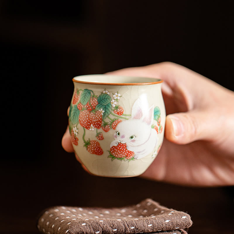 Buddha Stones Small Strawberry Rabbit Teacup Kung Fu Tea Cup 90ml With Gift Box - image 1