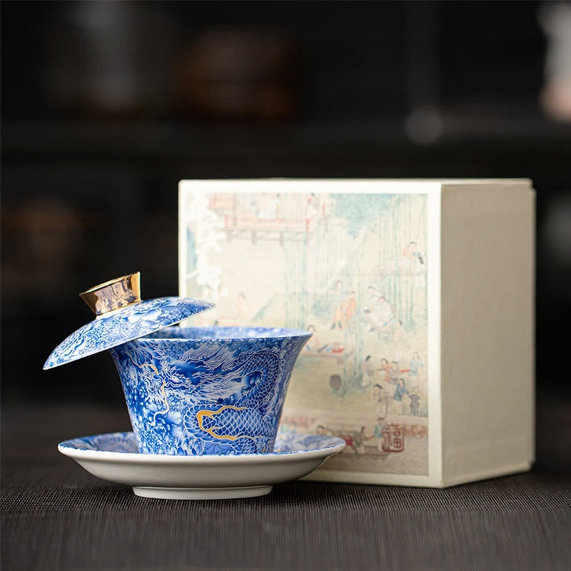 Buddha Stones Thangka Dragon Buddhas Dunhuang Ceramic Gaiwan Sancai Kung Fu Tea Cup And Saucer With Lid Gift Box 180ml - image 1