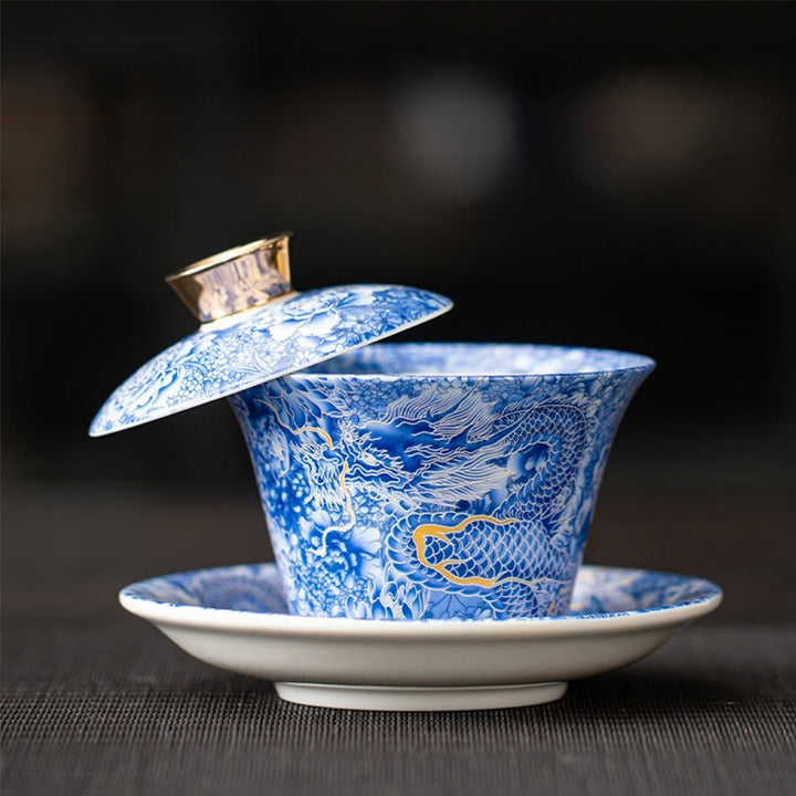 Buddha Stones Thangka Dragon Buddhas Dunhuang Ceramic Gaiwan Sancai Kung Fu Tea Cup And Saucer With Lid Gift Box 180ml - Blue Dragon(Gift Box) 11.2cm*9.5cm*180ml - image 0
