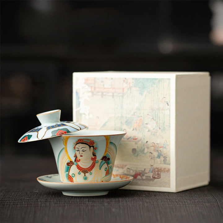 Buddha Stones Thangka Dragon Buddhas Dunhuang Ceramic Gaiwan Sancai Kung Fu Tea Cup And Saucer With Lid Gift Box 180ml - Dunhuang(Gift Box) 11.2cm*9.5cm*180ml - image 18