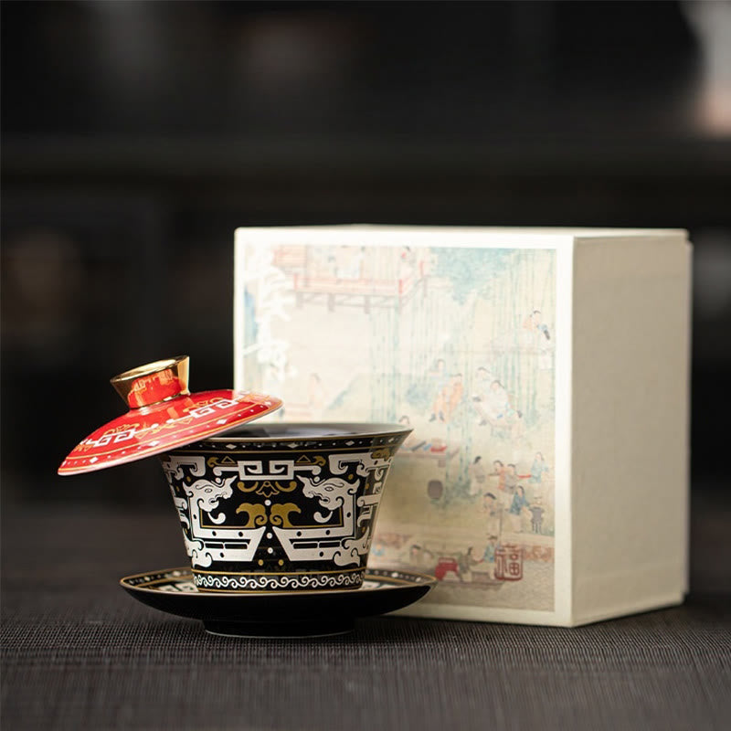 Buddha Stones Thangka Dragon Buddhas Dunhuang Ceramic Gaiwan Sancai Kung Fu Tea Cup And Saucer With Lid Gift Box 180ml - White Black Thangka(Gift Box) 11.2cm*9.5cm*180ml - image 12