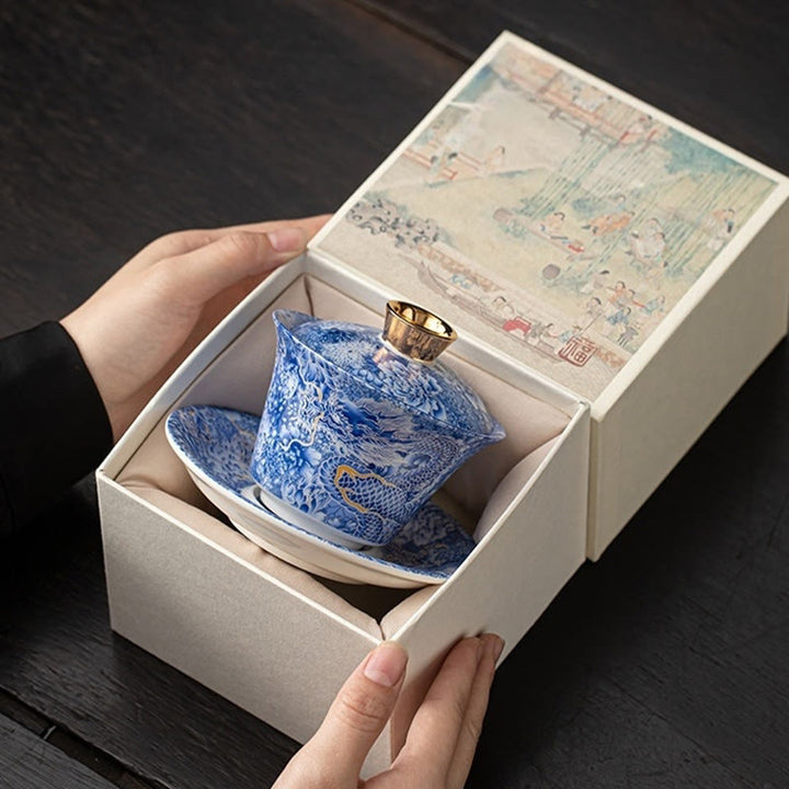 Buddha Stones Thangka Dragon Buddhas Dunhuang Ceramic Gaiwan Sancai Kung Fu Tea Cup And Saucer With Lid Gift Box 180ml - image 2