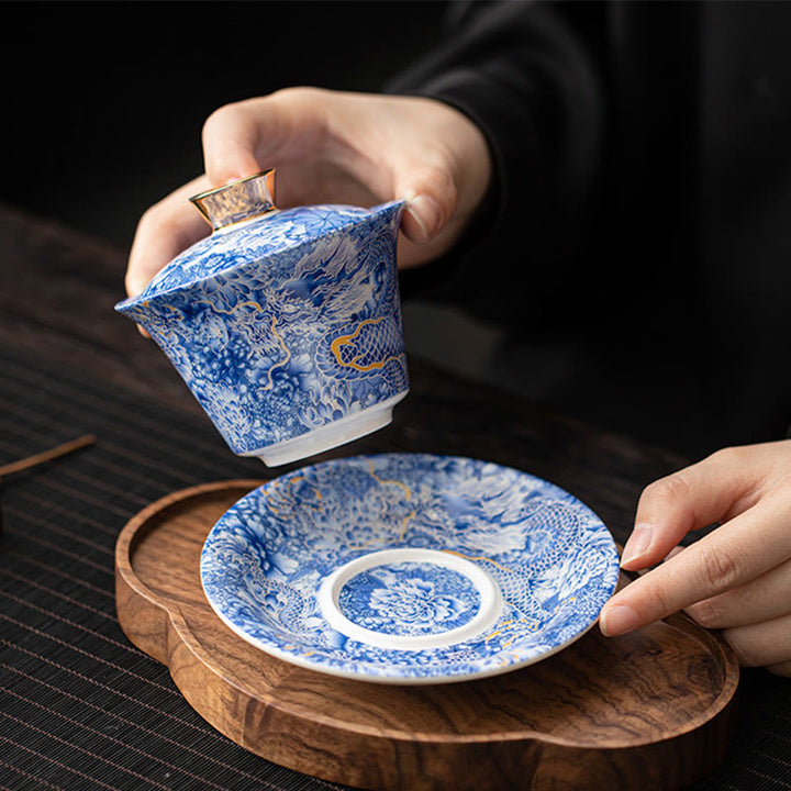 Buddha Stones Thangka Dragon Buddhas Dunhuang Ceramic Gaiwan Sancai Kung Fu Tea Cup And Saucer With Lid Gift Box 180ml - image 3