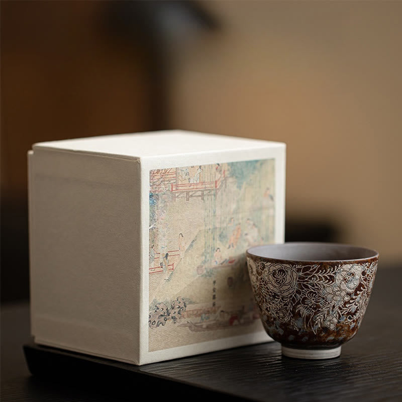Buddha Stones Brown Flowers In Full Bloom Teacup Kung Fu Tea Cup 100ml With Gift Box - image 6
