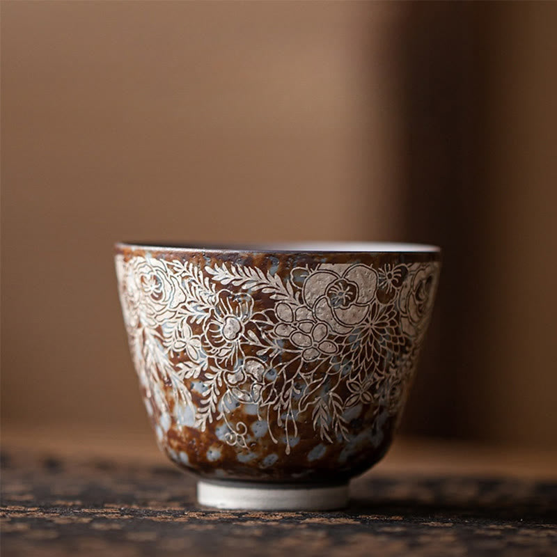 Buddha Stones Brown Flowers In Full Bloom Teacup Kung Fu Tea Cup 100ml With Gift Box - 7.2cm*5.7cm*100ml(Gift Box) - image 0