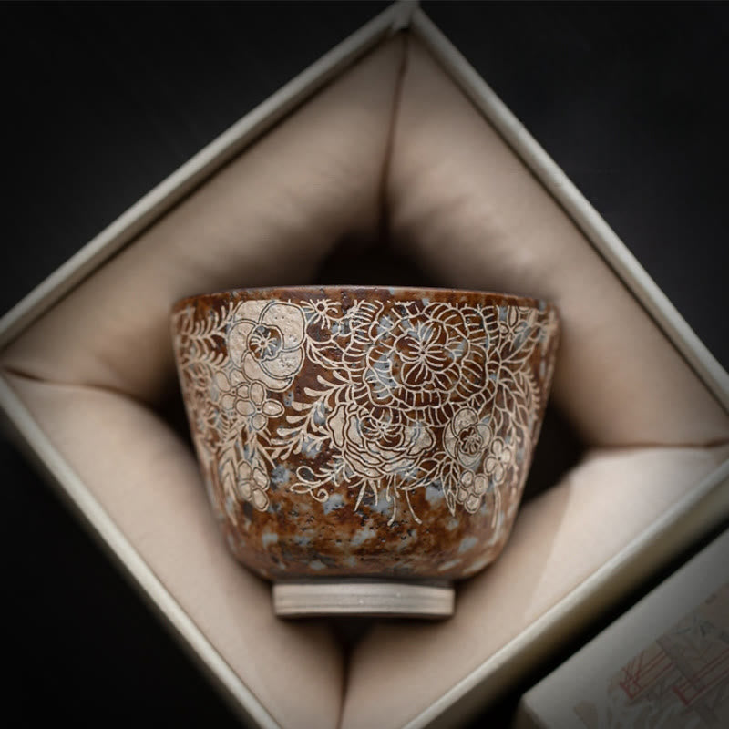 Buddha Stones Brown Flowers In Full Bloom Teacup Kung Fu Tea Cup 100ml With Gift Box - image 7