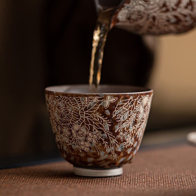 Buddha Stones Brown Flowers In Full Bloom Teacup Kung Fu Tea Cup 100ml With Gift Box - image 13