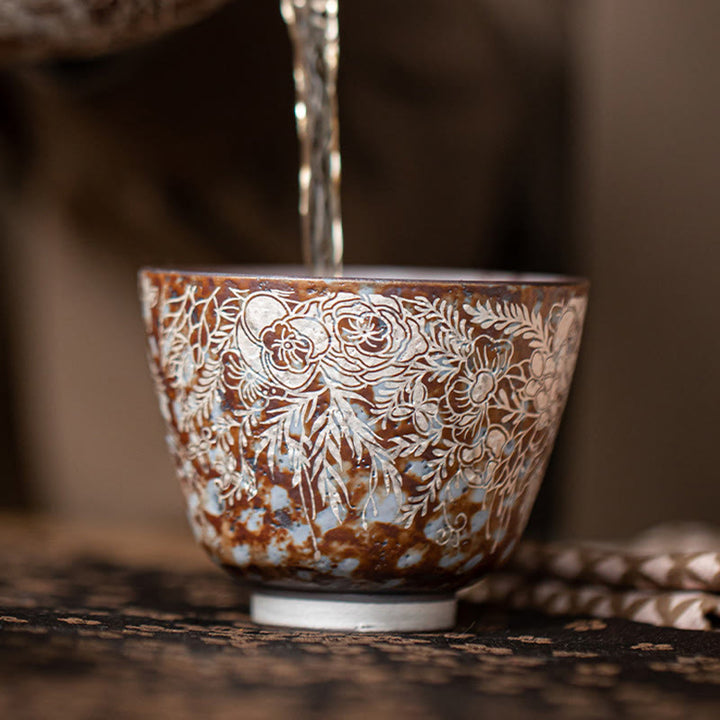 Buddha Stones Brown Flowers In Full Bloom Teacup Kung Fu Tea Cup 100ml With Gift Box - image 12