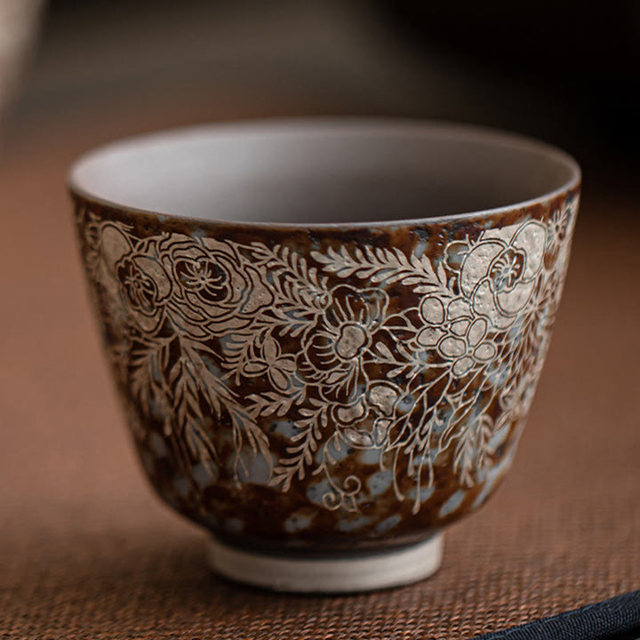 Buddha Stones Brown Flowers In Full Bloom Teacup Kung Fu Tea Cup 100ml With Gift Box - image 8