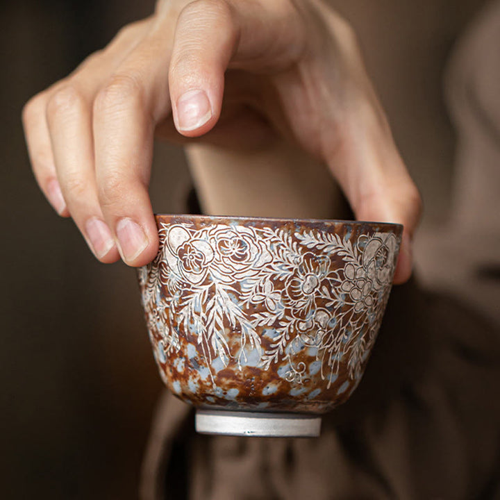 Buddha Stones Brown Flowers In Full Bloom Teacup Kung Fu Tea Cup 100ml With Gift Box - image 10