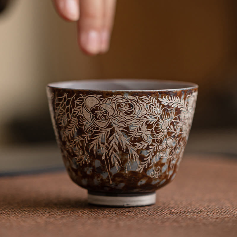 Buddha Stones Brown Flowers In Full Bloom Teacup Kung Fu Tea Cup 100ml With Gift Box - image 9