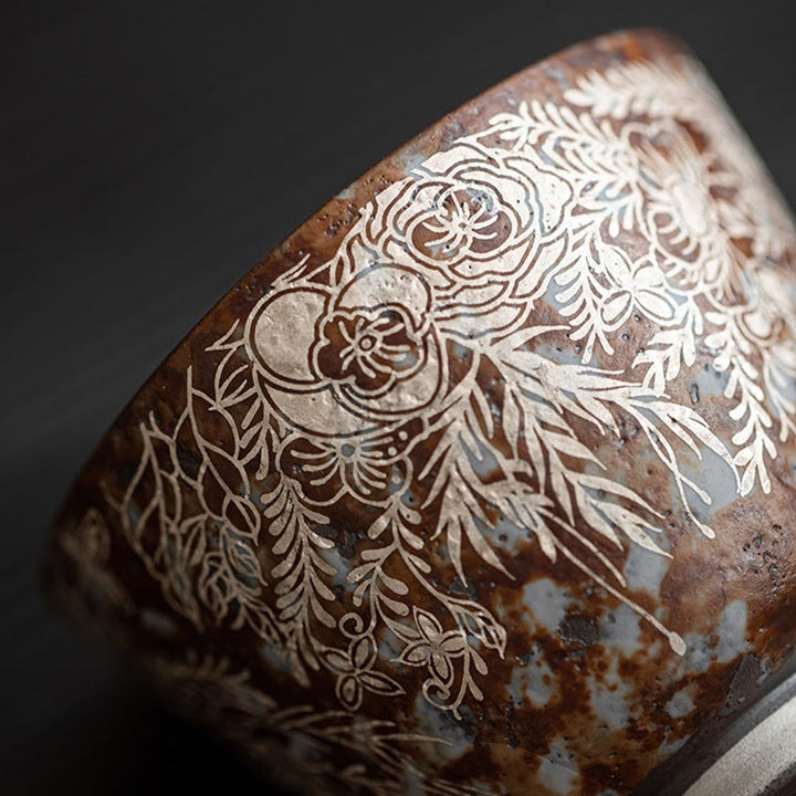 Buddha Stones Brown Flowers In Full Bloom Teacup Kung Fu Tea Cup 100ml With Gift Box - image 3