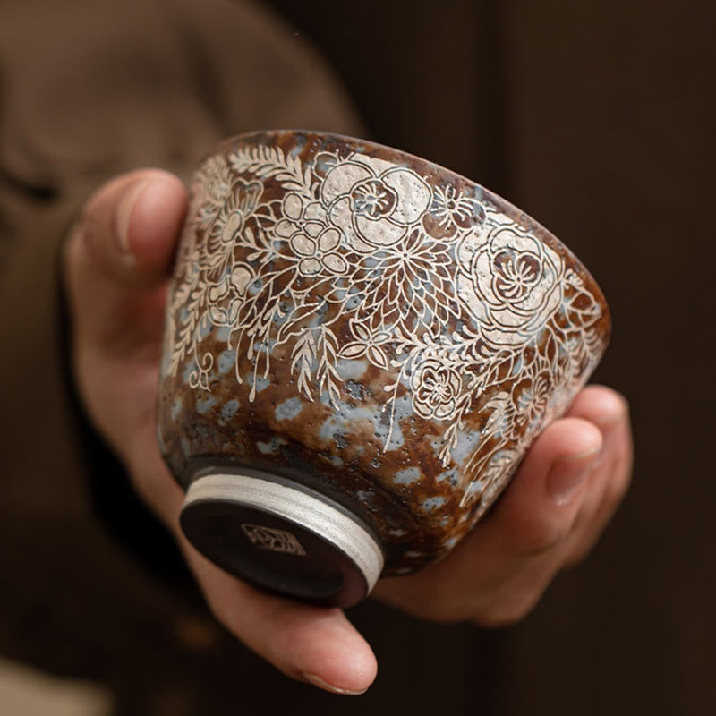 Buddha Stones Brown Flowers In Full Bloom Teacup Kung Fu Tea Cup 100ml With Gift Box - image 2