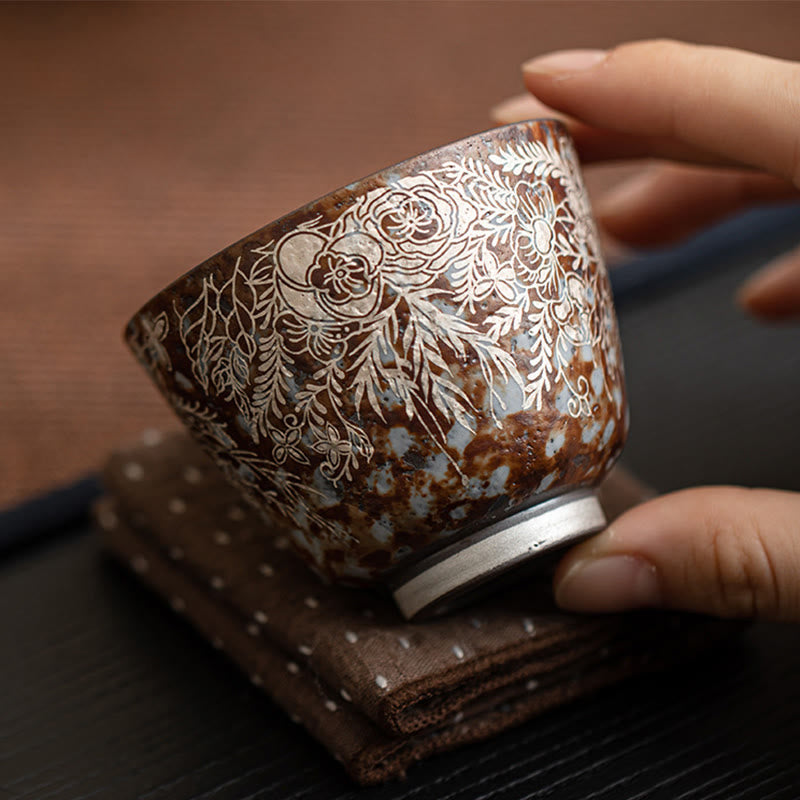 Buddha Stones Brown Flowers In Full Bloom Teacup Kung Fu Tea Cup 100ml With Gift Box - image 1