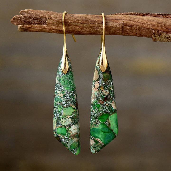 Buddha Stones Natural Emperor Stone Geometric Crystal Anti-Stress Earrings - Green Emperor Stone(Copper Posts)-Golden - image 3
