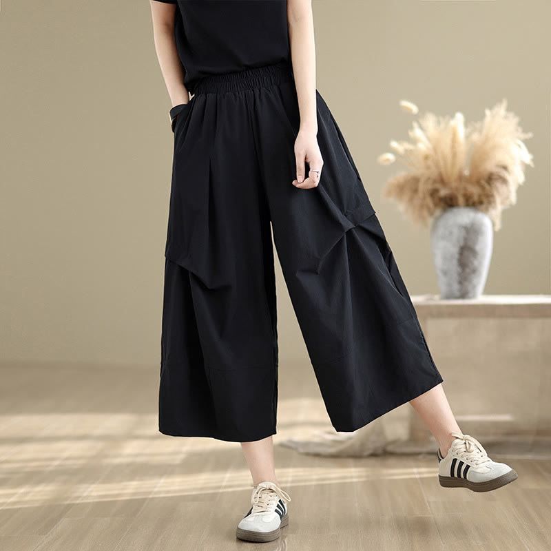Buddha Stones Summer Irregular Pleating Design Cotton Women's Wide Leg Pants With Pockets - Black - US8-10,UK/AU12-14,EU40-42 (2XL) - image 8