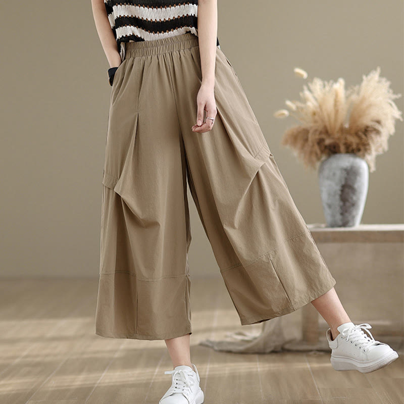 Buddha Stones Summer Irregular Pleating Design Cotton Women's Wide Leg Pants With Pockets - Tan - US8-10,UK/AU12-14,EU40-42 (2XL) - image 0