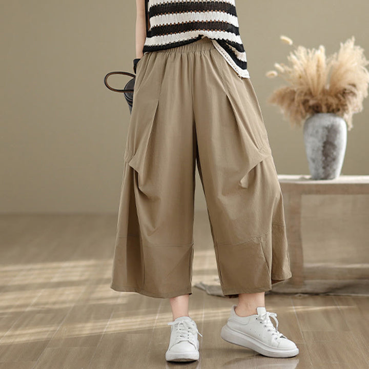 Buddha Stones Summer Irregular Pleating Design Cotton Women's Wide Leg Pants With Pockets - image 3