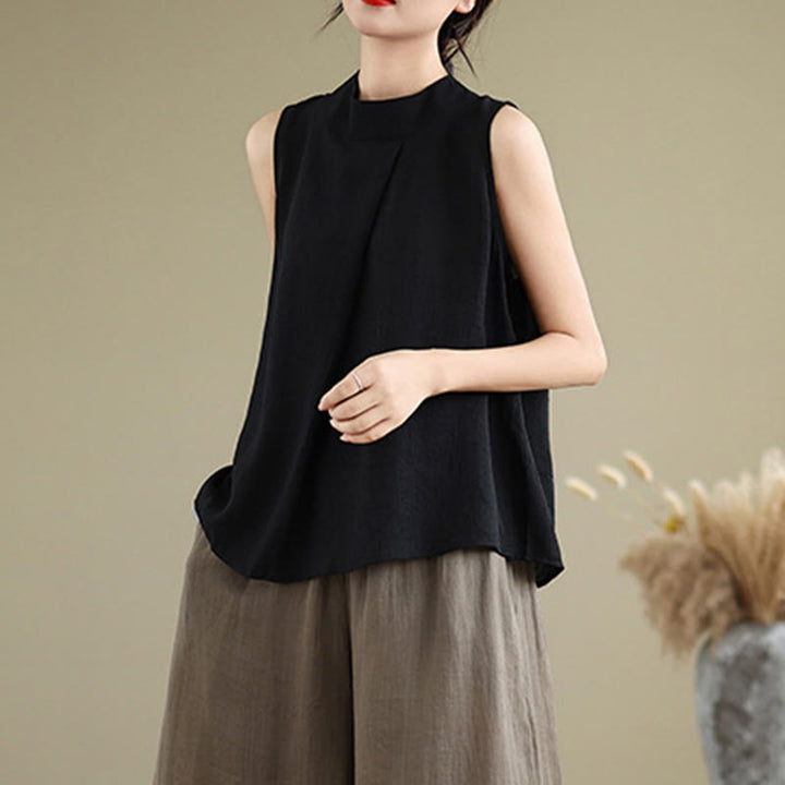 Buddha Stones Casual Plain Back Buttom Design Stand Collar Cotton Linen Women's Sleeveless Vest - image 21