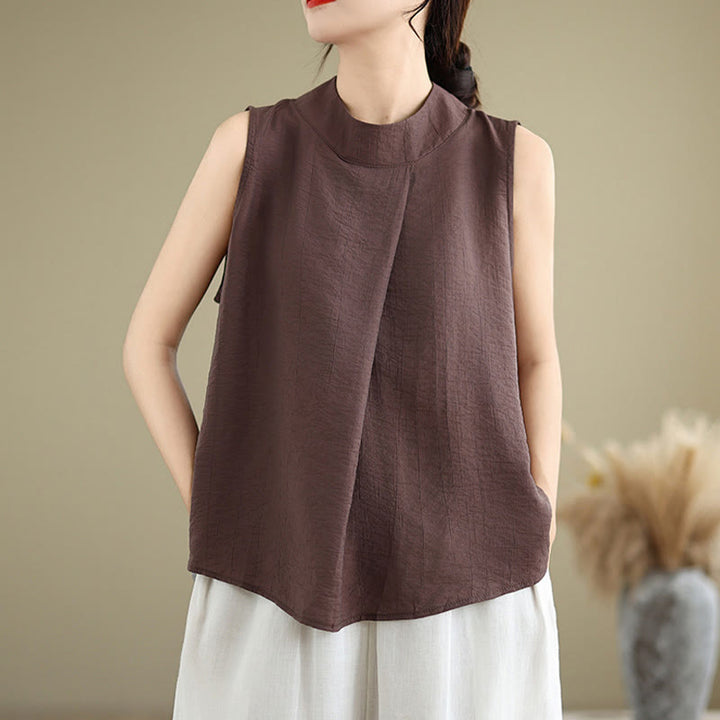 Buddha Stones Casual Plain Back Buttom Design Stand Collar Cotton Linen Women's Sleeveless Vest - image 5