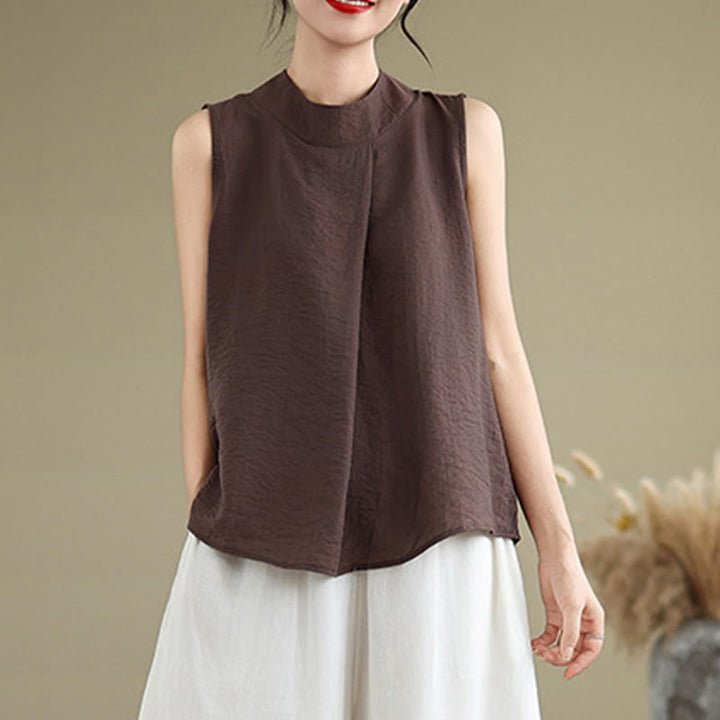 Buddha Stones Casual Plain Back Buttom Design Stand Collar Cotton Linen Women's Sleeveless Vest - image 4