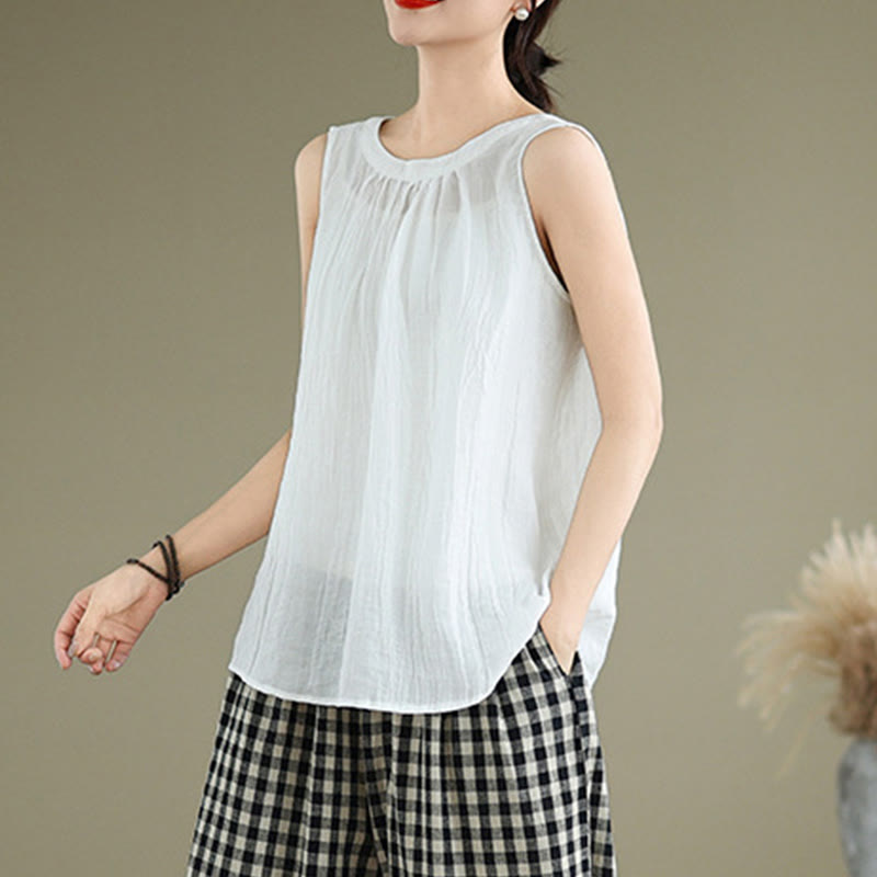 Buddha Stones Summer Wrinkles Simple Design Crew Neck Cotton Linen Women's Sleeveless Vest Waistcoat - image 13